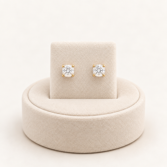 14K Gold Round Cubic Zirconia Stud Earrings